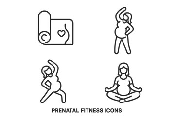 Prenatal fitness and yoga icon set. Pregnant woman exercising, stretching, and meditating. Pregnancy wellness, health, and motherhood concept. Vector line icons illustration.