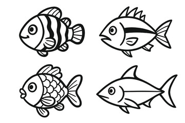 Fototapeta premium Set of four fish icons in simple line art style. Hand drawn cartoon vector illustration. Aquatic marine life collection. Sea animals for coloring book, logo, sticker or mascot.