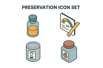 Preservation isometric icon set. Concepts for shelf life, food science, chemical preservatives, ph testing, canned food and long term conservation. Flat vector illustration collection.