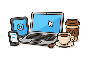 Modern workspace with digital devices and coffee. Laptop, tablet, phone for remote work, freelance or home office. Technology and communication concept vector cartoon illustration.