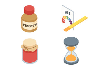 Preservation isometric icon set. Food canning and shelf life concept with icons. Preservative additive bottle, pH test strips, jam jar, hourglass. Food science vector illustration.