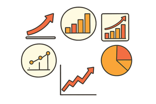 Data visualization icon set for business growth and success. Infographic elements with graph, chart, and diagram for financial reports. Analytics and statistics vector symbols.