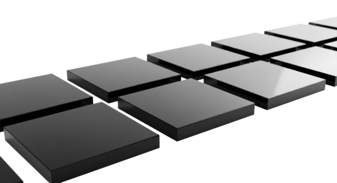 Pristine, glossy black acrylic squares with sharp edges, seamlessly embedded on a transparent infinity background with ample copy space, high-key studio lighting, concept of geometric precision and