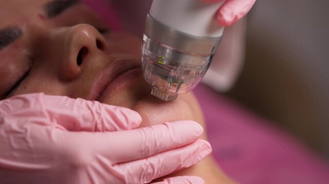 A close-up of the microneedle RF lifting procedure in a beauty salon. A young woman enjoys high-quality facial treatment, highlighting the significance of professional cosmetic procedures.