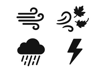 Solid Filled Weather Icon Set Vector. Wind Gust, Swirling Leaves, Rain Cloud, Lightning Bolt. Bold Black Symbols. Seasonal Wind Effects. Meteorology. Nature Climate Storm Vector Elements.