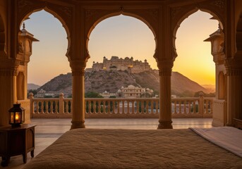 Luxury hotel room view with castle
