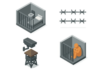 Prison icon set isometric vector. Jail cell, barbed wire, surveillance camera, solitary confinement icons. Political repression, punishment, justice system, law, crime concept.