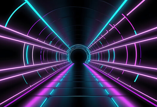 Futuristic neon tunnel corridor glowing in purple cyan tones