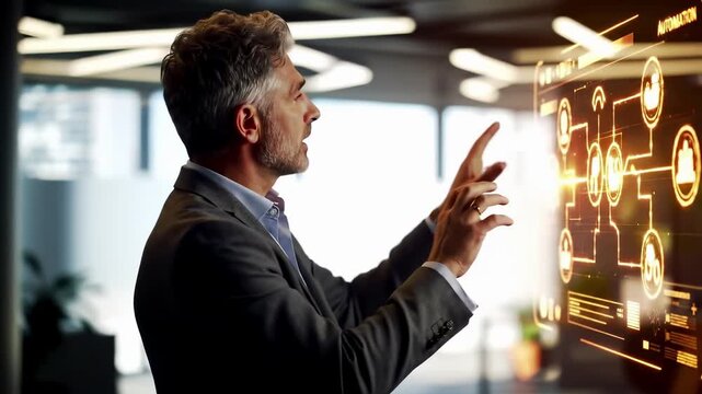 Professional businessman in suit interacting with futuristic holographic digital interface in modern office. Advanced technology, virtual reality automation and artificial intelligence business - Powered by Adobe