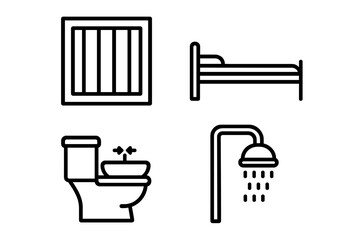 Prison life outline icons. Jail cell conditions vector set. Incarceration symbols for inmate basic needs. Barred window, bed, toilet, shower. Justice system and corrections.