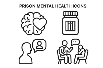 Prison mental health services outline icon set. Vector icons for inmate psychology, therapy, and counseling. Prisoner support, treatment, medication, and mental wellbeing concepts.