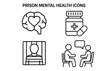 Prison mental health outline icon set. Inmate psychology and therapy concept. Prisoner support, counseling, medication, and rehabilitation icons. Justice system wellness vector.