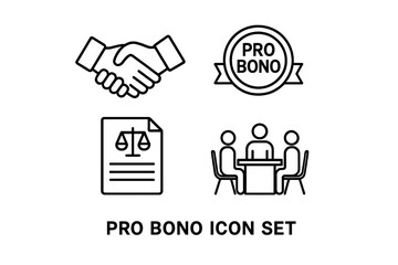 Pro bono vector icon set. Free legal services line icons. Lawyer volunteer work. Attorney handshake, justice document, charity law badge, client consultation. Legal aid concept.