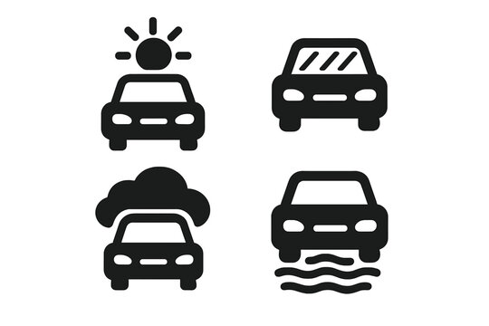 Set of solid vector car icons showing weather conditions on the road, clear sky, rain on windshield, cloud cover, foggy, and wet driving. Traffic safety, transportation hazard concept illustration.