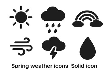 Spring weather solid vector icons set. Filled graphic sun, rain cloud, rainbow, wind gust, lightning storm, water drop. Modern illustration for weather forecast, climate, meteorology, apps.