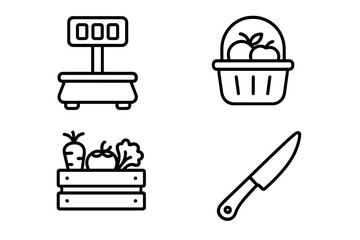 Produce icons set. Outline grocery store symbols. Vector illustration of weight scale, fruit basket, vegetable crate, knife. Healthy food, farmers market, shopping concepts.