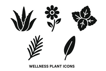 Wellness Plant Icon Set. Black Silhouette Vector Illustrations of Aloe Vera, Chamomile Flower, Mint Leaves, Rosemary Sprig, Sage Leaf. Herbal Medicine, Aromatherapy, Natural Remedy Plants.