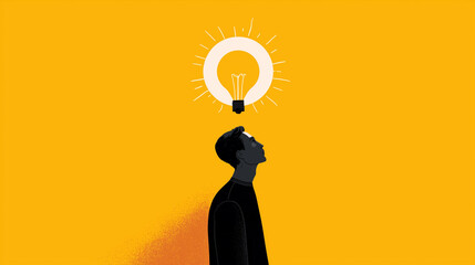 A young man looking up at a glowing light bulb icon, a minimalist concept of a new idea and inspiration