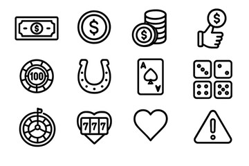 Finance and casino outline icon set. Money and gambling symbols line collection. Vector illustration of luck, risk, and wealth. Poker, slots, roulette, and dice game elements.