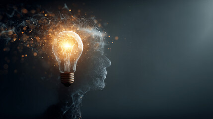 The birth of a digital idea: A light bulb illuminating a futuristic human mind for business transformation