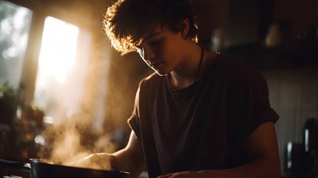 Teen cooking pancakes in home kitchen