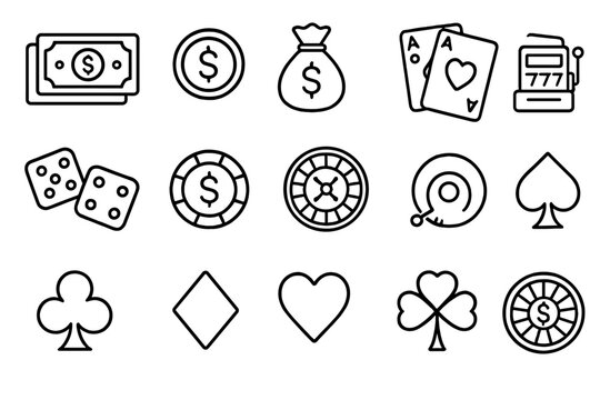 Casino and finance line icon set. Gambling and money linear pictograms. Vector symbols collection of betting, poker, slot machine, roulette, dice, cards, jackpot and wealth.