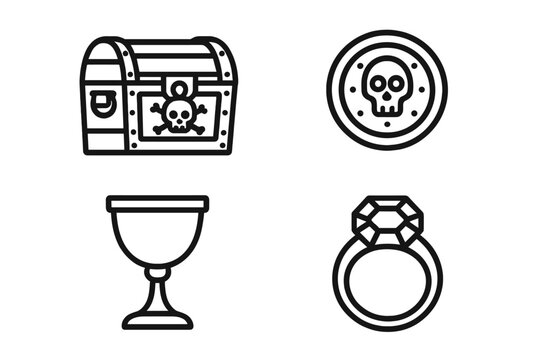 Pirate treasure icons. Outline icon set of pirate loot items. Vector graphics of a treasure chest, gold doubloon, silver goblet, and a diamond ring. Adventure game assets.