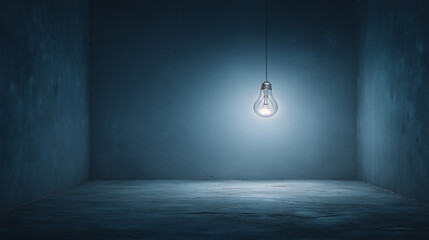 The beginning of a new idea: A single bright lightbulb in an empty space representing a solution or innovation