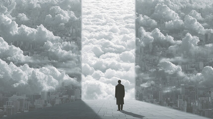 A lone person standing at a gateway to the clouds, a surreal concept of choice, opportunity, and the future