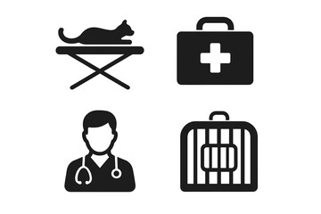 Wildlife icon grid with solid filled icons of wildlife rehabilitation including animal stretcher, first aid box, vet technician, animal cage, rescue and care vector illustration