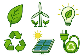 Set of green energy icons. Eco friendly and sustainability concept. Renewable resources illustration. Ecology, recycling, solar panel, wind turbine, and nature symbols.
