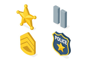 Police rank insignia vector icon set. Isometric illustration of law enforcement officer badges. Includes captain star, lieutenant bars, sergeant chevrons, and police shield.