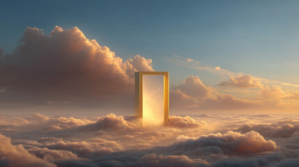 Golden door of opportunity floating in the clouds at sunrise, a concept of hope and the future