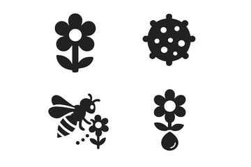 Pollination process solid glyph icon set. Vector symbols of a bee collecting nectar, flower fertilization, pollen grain, and seed formation. Biology, nature, and ecology concept.