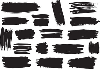 Brush set. Vector black paint brush spots, highlighter lines or felt-tip pen marker. Ink smudge abstract shape stains and smear set with texture 