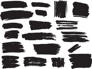 Brush set. Vector black paint brush spots, highlighter lines or felt-tip pen marker. Ink smudge abstract shape stains and smear set with texture 