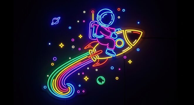 Vibrant Neon Astronaut Riding Rocket with Rainbow Trail in Starry Space.