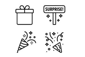 Surprise celebration icons set with outline style including surprise reveal moment, closed cake box, "Surprise!" sign, party popper, confetti vector illustration on transparent background