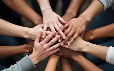 close-up photo of diverse people's hands gathered together, african american and caucasian people as one union. various ethnicities are friends all over the world. High quality