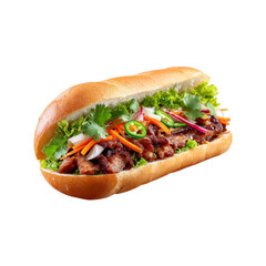 Delicious Vietnamese Banh Mi Sandwich with Grilled Pork, Fresh Vegetables, and Cilantro