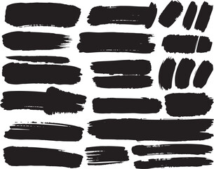 Brush set. Vector black paint brush spots, highlighter lines or felt-tip pen marker. Ink smudge abstract shape stains and smear set with texture 