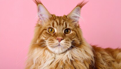 A close-up of a long-haired orange tabby cat with amber eyes, set against a solid pink background. Its fluffy fur and calm gaze contrast vividly with the backdrop—bold, elegant, and emotionally resona