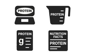 Protein measurement solid glyph icon set. Vector icons of food scale, measuring cup, grams and nutrition facts label. Concept for diet, fitness, health and supplements.