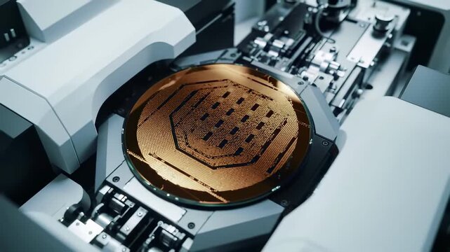 Golden silicon wafer semiconductor chip in precision manufacturing equipment. Advanced microelectronics fabrication technology for computer processors and integrated circuits in clean room laboratory.