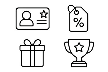 Loyalty program icons outline set, membership card, discount tag, reward gift box, winning trophy, customer benefits, marketing design elements, vector illustration