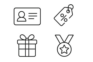 Loyalty program outline icon set including membership card, discount tag, gift box, and reward medal in clean line art style, vector cartoon illustration