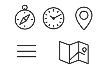 Navigation tools line icon set with compass, clock, location pin, menu, and map outline. Vector cartoon illustration with transparent background, ordered set for travel and navigation