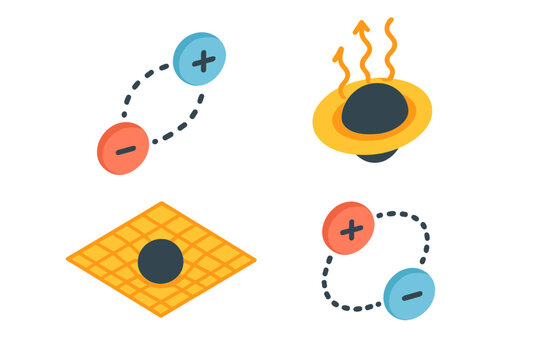 Quantum phenomena icon set. Isometric vector illustration of Hawking radiation, virtual particle pairs, spacetime curvature, and black hole event horizon. Physics science concept.