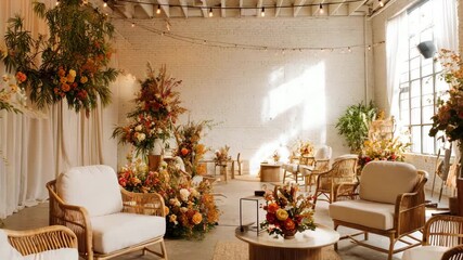 Cinnamon and cream lounge with woven chairs, soft lights, and autumn floral centerpieces - Powered by Adobe
