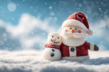 Fototapeta premium Santa and snowman friends in snowy winter scene festive holiday spirit
